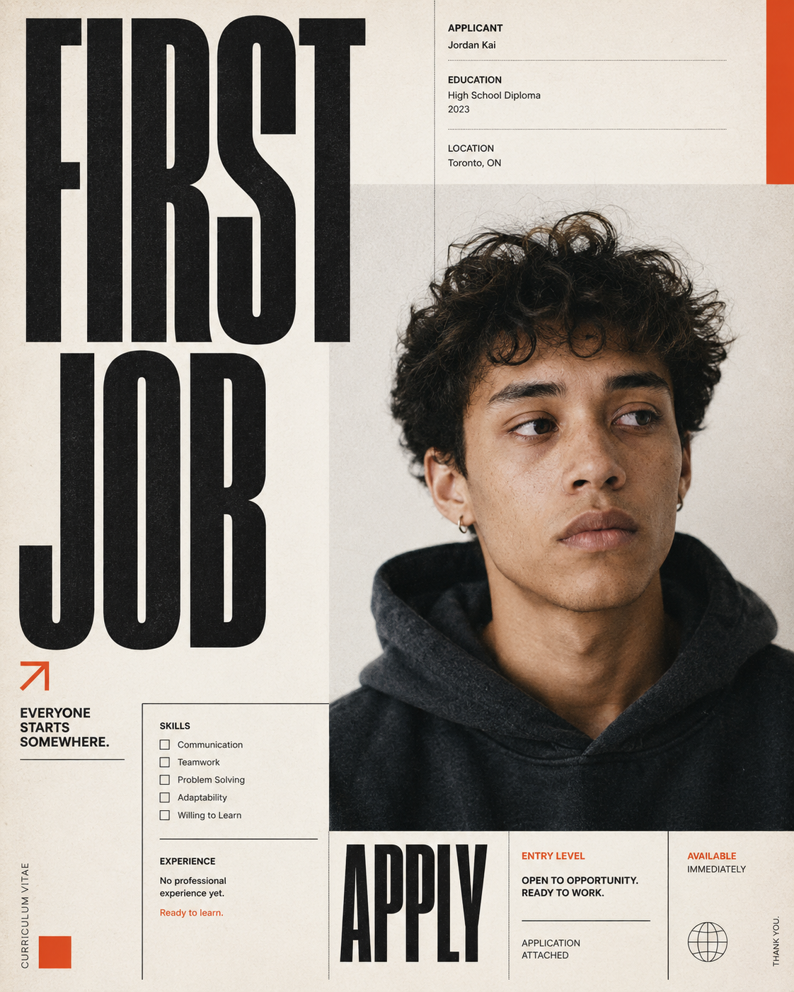 I’m an interactive résumé for Jordan Kai, an entry-level job seeker in Toronto, Ontario.